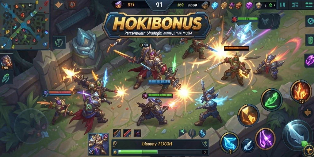 Screenshot HOKIBONUS menampilkan aksi intens dalam pertempuran MOBA.
