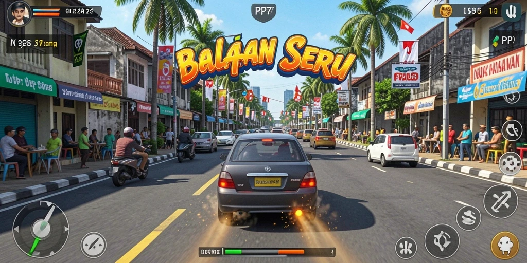 Screenshot gameplay PP7 menampilkan aksi balapan yang mendebarkan.