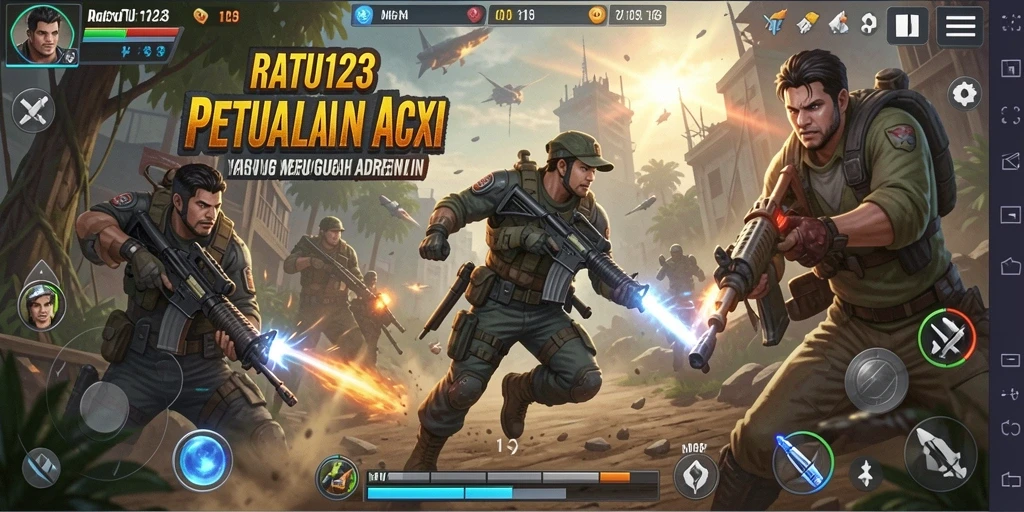 Screenshot utama RATU123 menampilkan aksi seru dalam pertarungan melawan musuh.