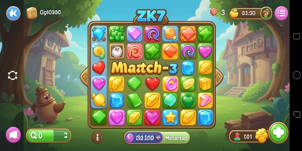 Screenshot gameplay ZK7 menampilkan aksi Match-3 yang seru dan penuh warna.